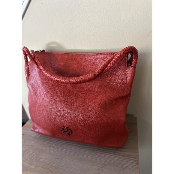 Tory Burch Leather Shoulder Bag Womens Red Braided Handle Hobo Pebbled Logo Zip - Picture 2 of 12